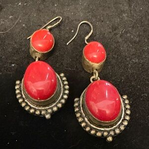 Vintage Red coral 925 Dangle Earrings with Gold-Tone setting